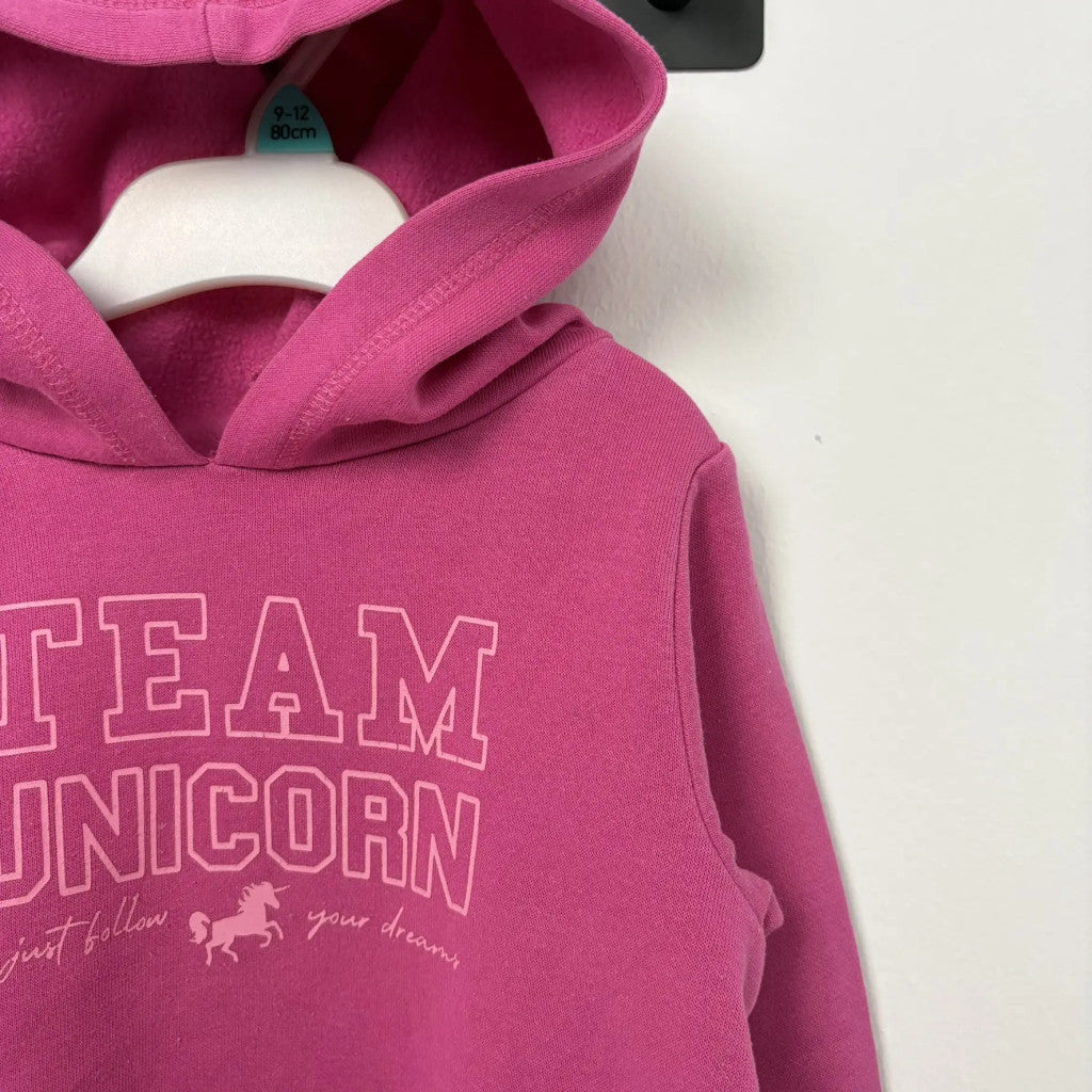 F&F - Rózsaszín 'Team Unicorn' kapucnis pulóver (86-92)